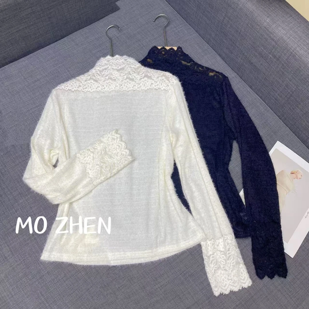 【墨臻精选】2025秋冬气质ins蕾丝半高领上衣内搭蕾丝打底衫9255