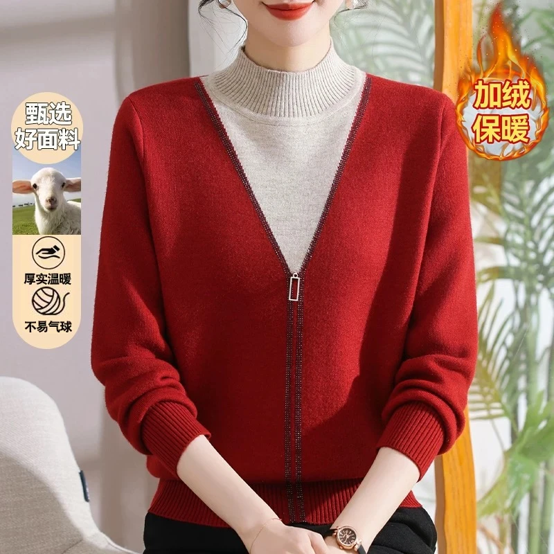 【衣雅严选】8242-2682#新款加绒加厚假两件烫钻保暖显瘦针织毛衣