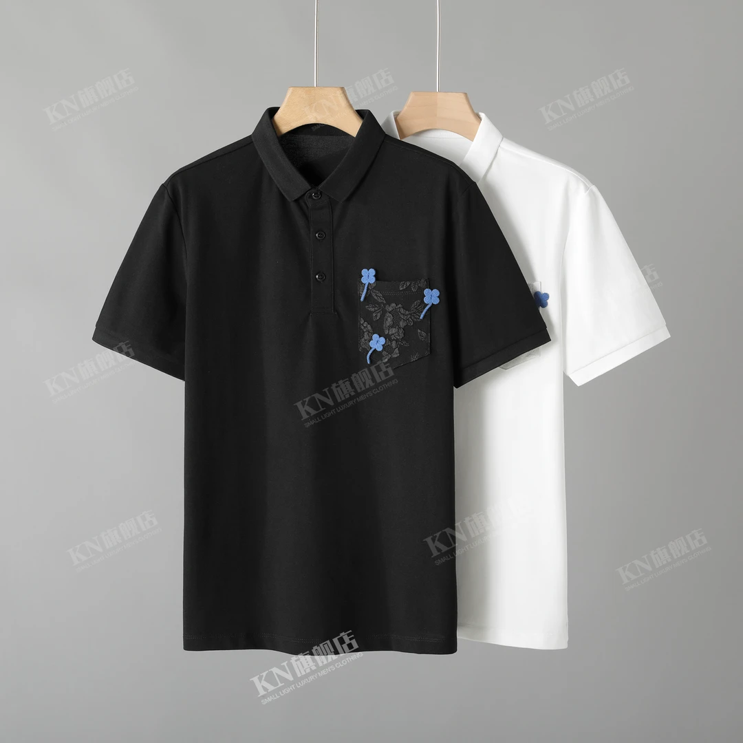 【断码五折】轻奢胸口小口袋刺绣花朵点缀POLO衫男休闲透气时尚短袖