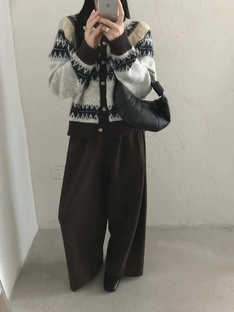 秋冬新款韩系开衫圆领针织插肩袖慵懒条纹毛衣厚款长袖