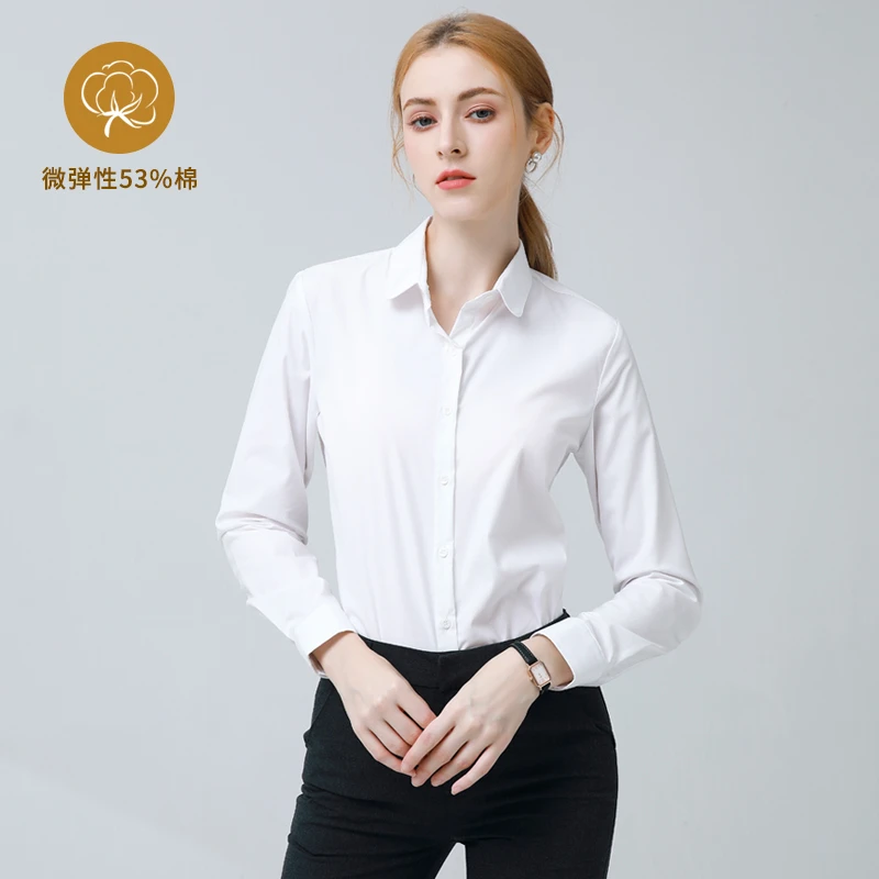 娃娃领职业白色衬衫女长袖春秋季新款弹性面试正装工作服圆领上衣