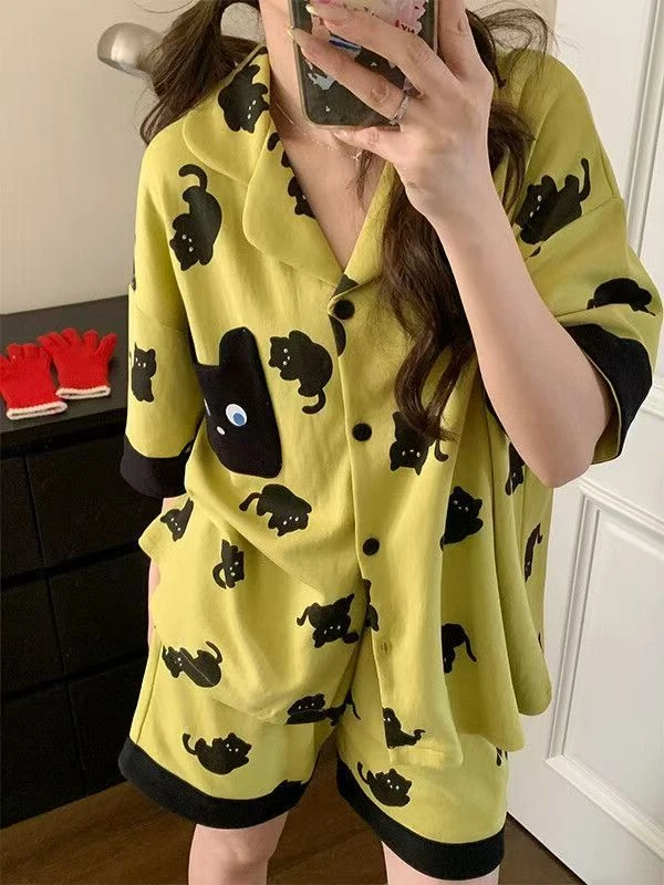 短袖睡衣夏季新款睡衣女拼色短袖短裤卡通小黑猫口袋家居服套装