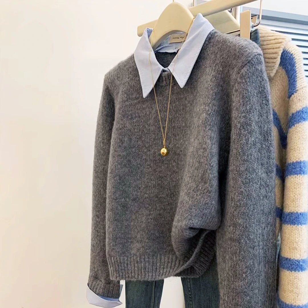 韩系穿搭毛衣女秋冬季假两件时尚洋气套头慵懒高级感拼色好看上衣