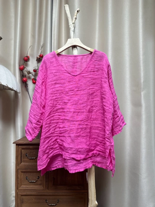 681亚麻亮色鸡心领透气软糯小衫（衣长65-68胸围130）