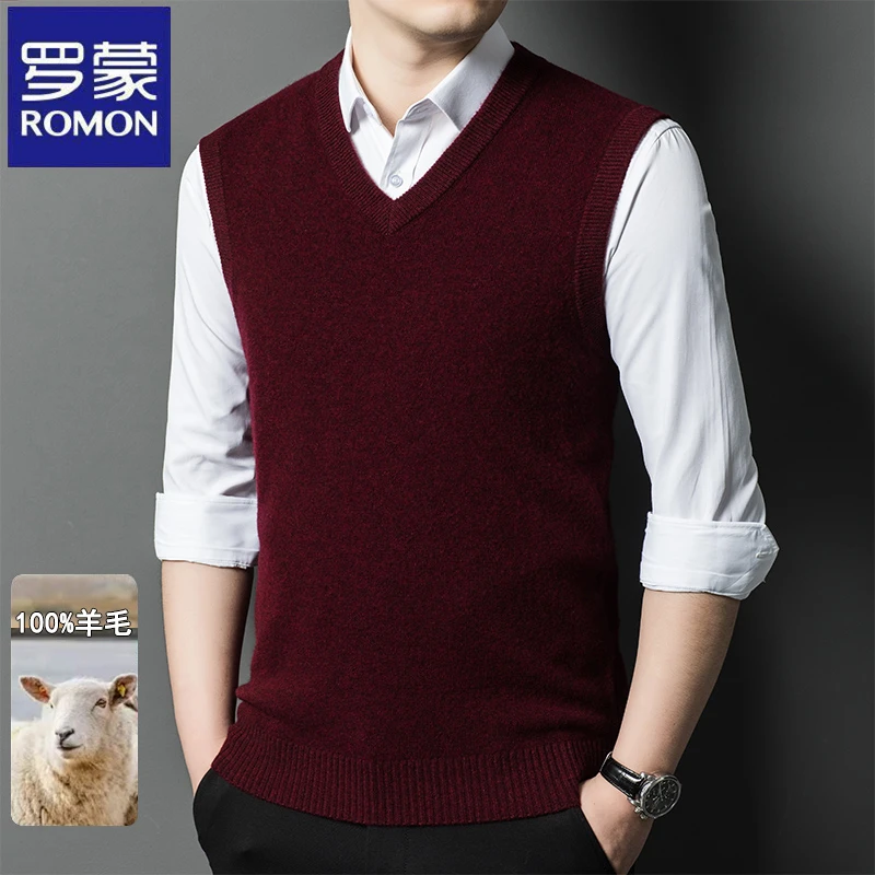 罗蒙职业商务纯色100%纯羊毛秋冬季高档男士无袖套头休闲V领毛衣