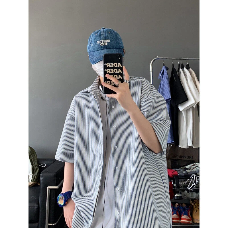 日系复古cityboy衬衫男生春秋长袖痞帅外套条纹港风内搭叠穿衬衣