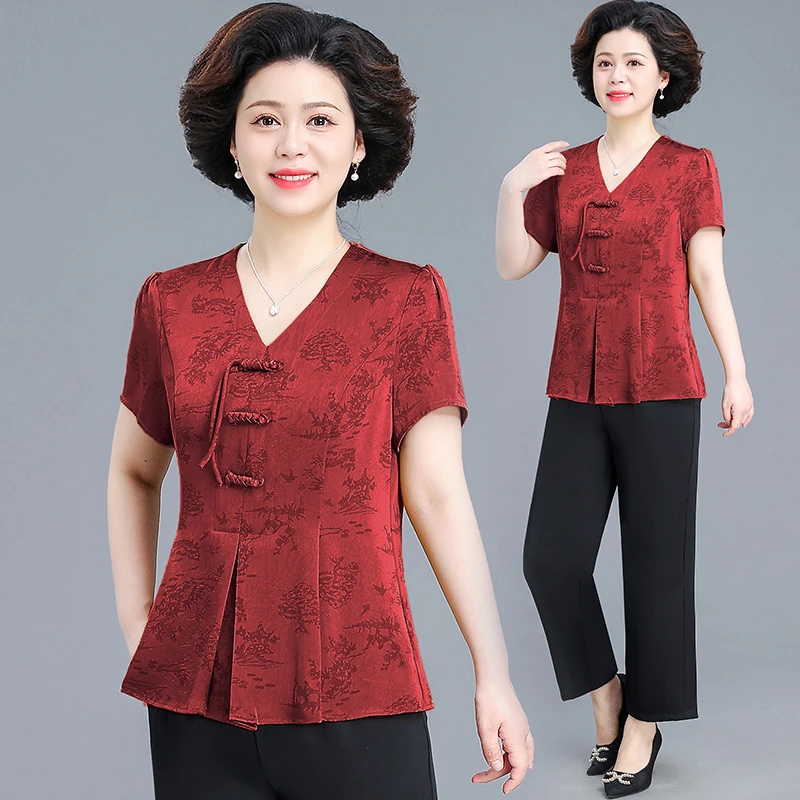 妈妈夏装两件套女装上衣喜婆婆结婚宴礼服中老年新中式衬衫套装