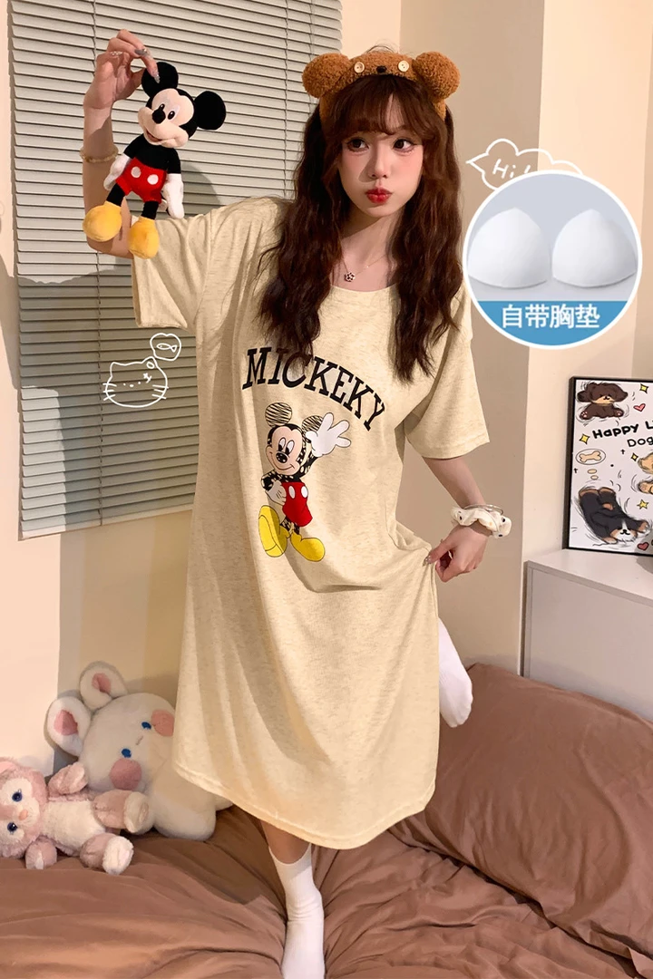 睡裙女夏季彩棉拉架短袖连衣裙韩版宽松带胸垫可外穿睡衣裙家居服