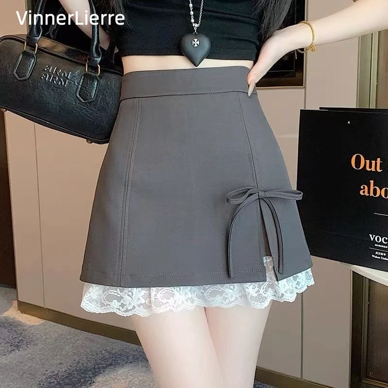 薇妮诺春夏A字半身裙2025小个子高腰韩版蕾丝蝴蝶结A字短裙百褶裙