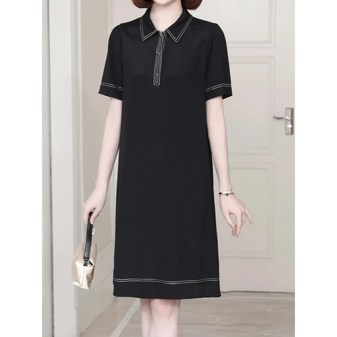 大码胖mm显瘦遮肚连衣裙2023夏新款重磅垂感POLO领复古雪纺小黑裙