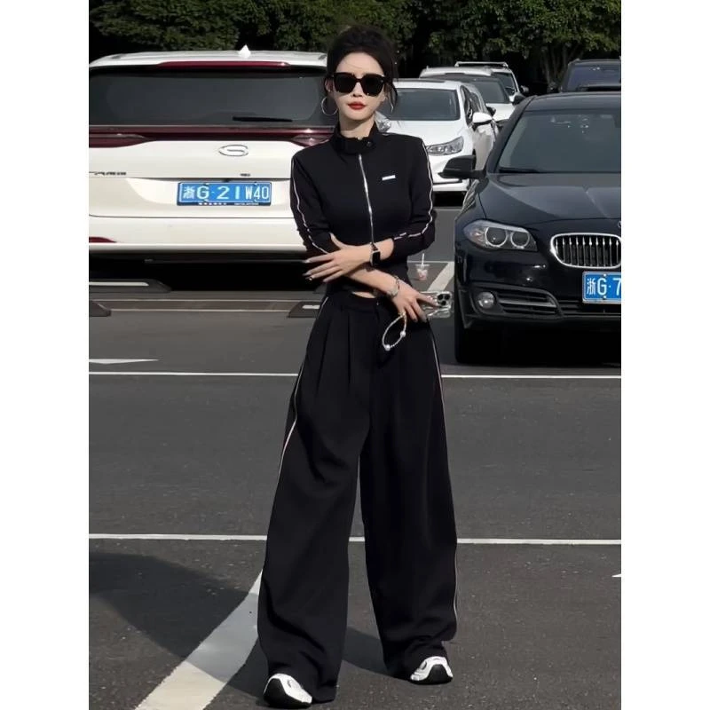 奥特莱斯清仓2024秋季新款时尚立领修身外套运动套装女阔腿裤设计