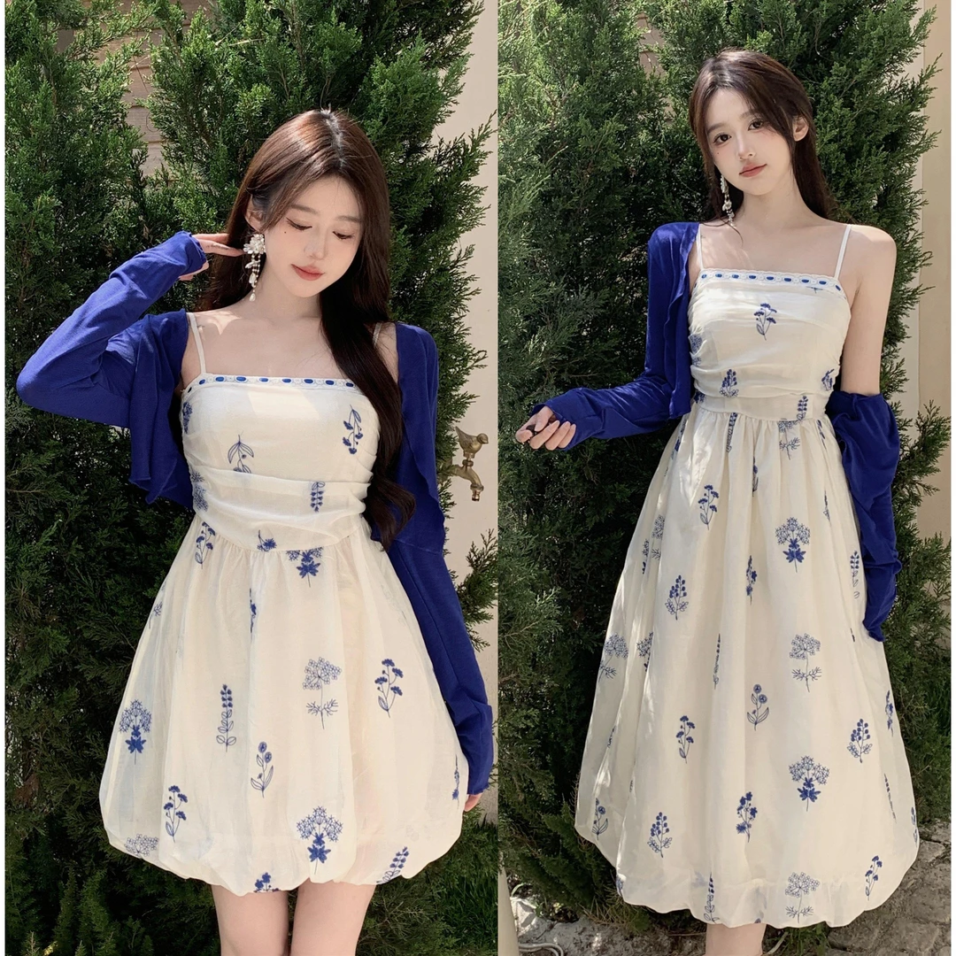 【三分恬】新中式国风海盐coco法式吊带连衣裙春夏花苞裙+开衫
