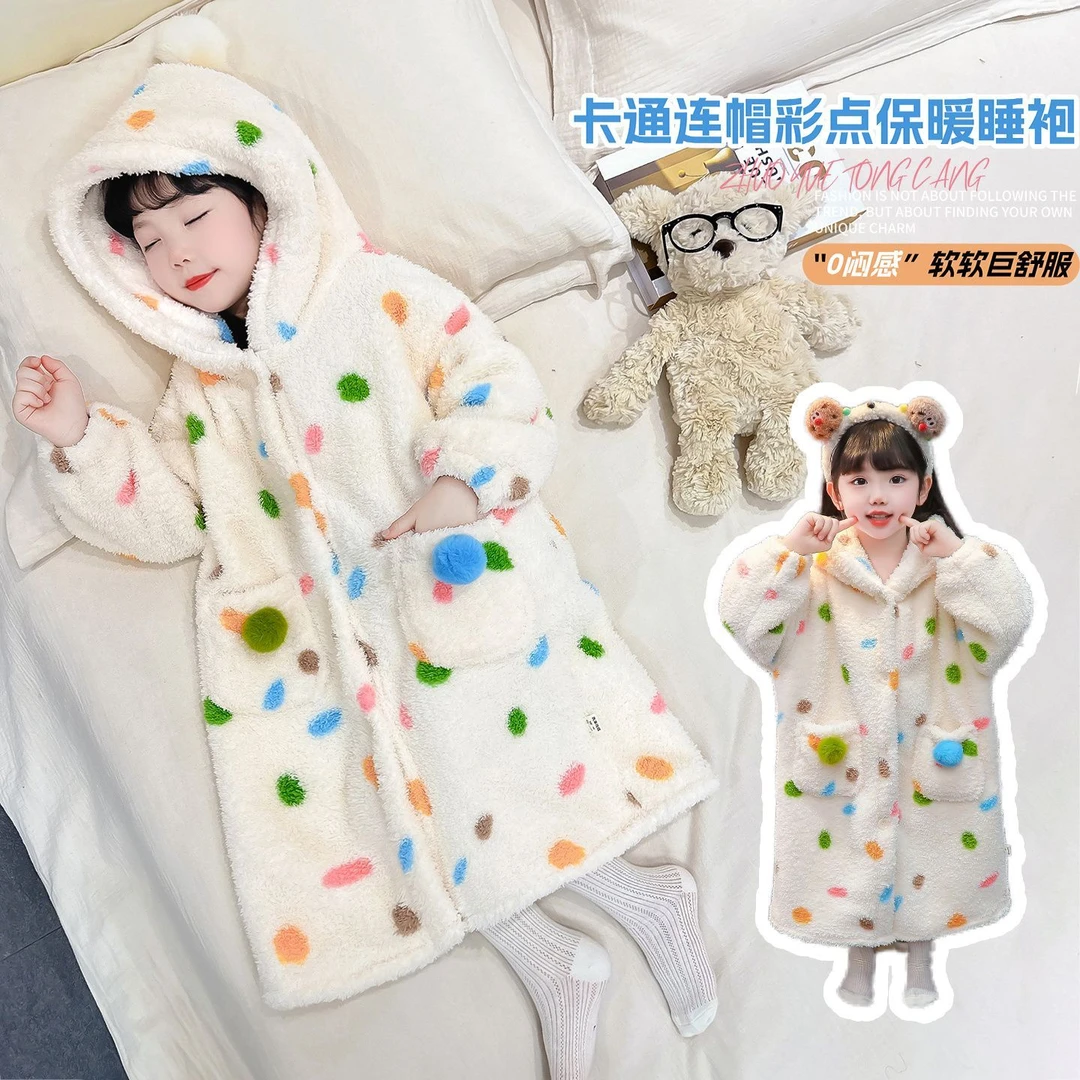 女童秋冬季睡袍加厚保暖卡通长袖家居服睡衣儿童连帽长款宽松浴袍