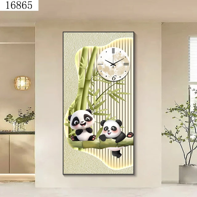 圣玥2025新款玄关装饰画现代简约走廊挂画带钟表熊猫壁画钟表画