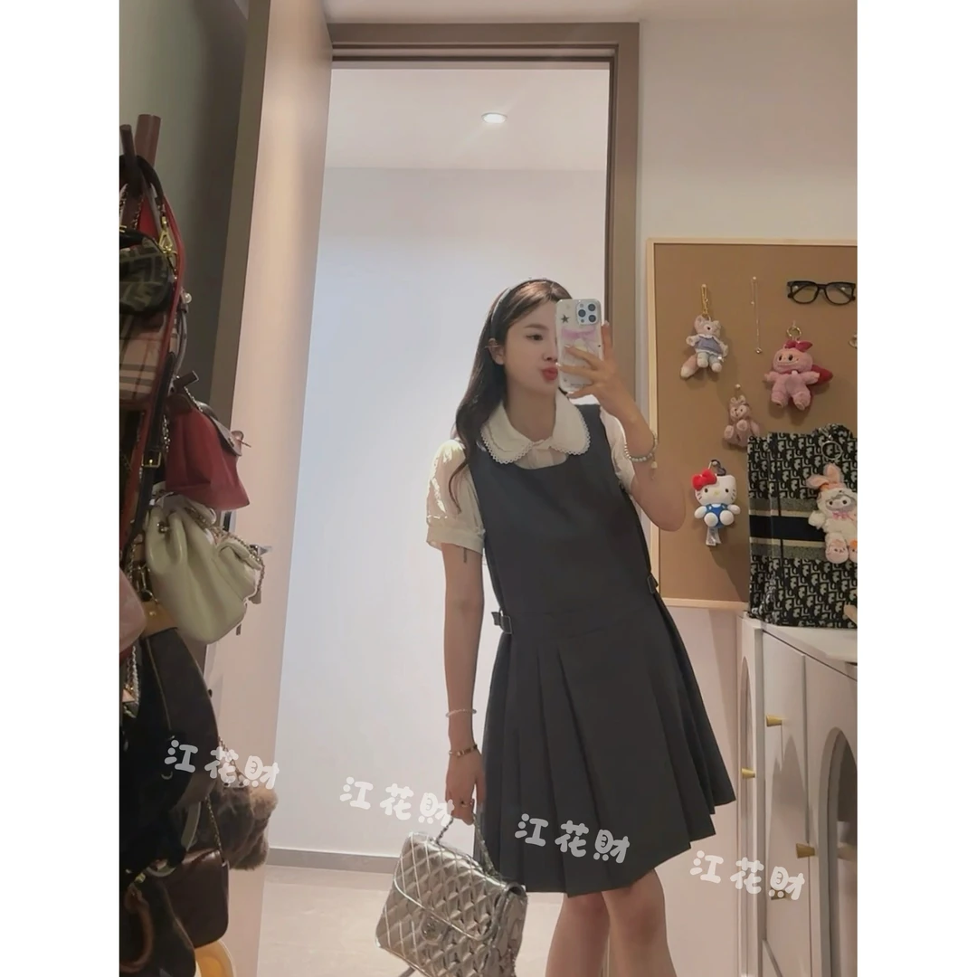 【晨雾百合】肌理感娃娃领简约百搭短袖衬衫+甜美百褶背心裙套装