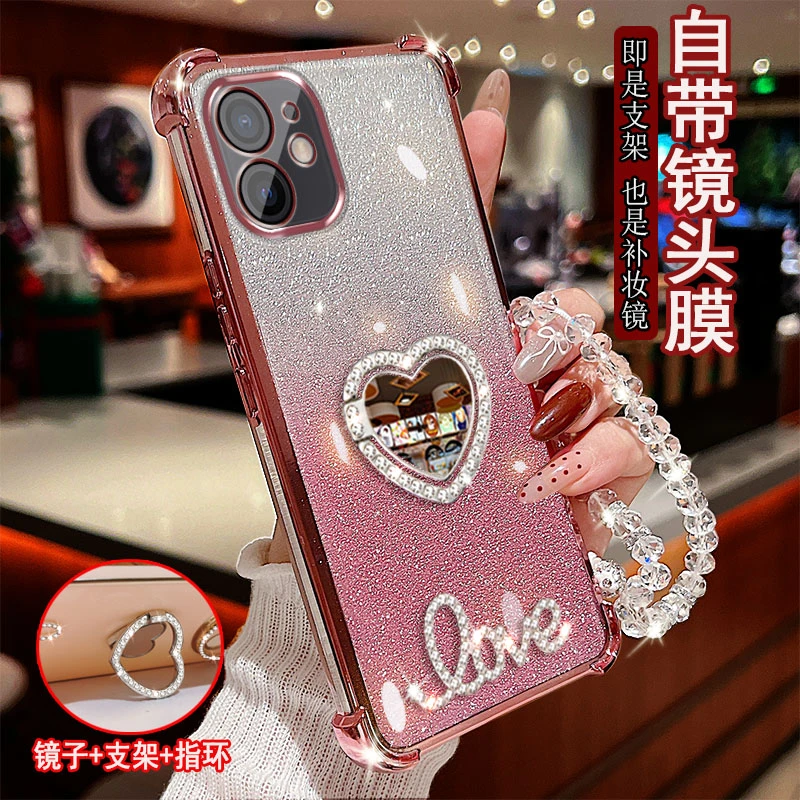 适用于苹果12手机壳气囊镶钻指环支架防摔保护套镜头全包边女款