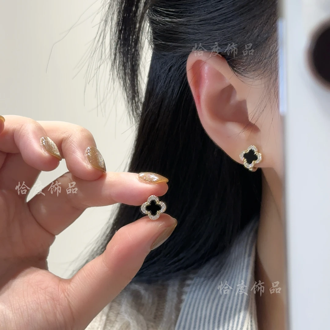 铜合金合成锆石耳饰 【恰度】微镶锆石潮酷黑金四叶花耳扣