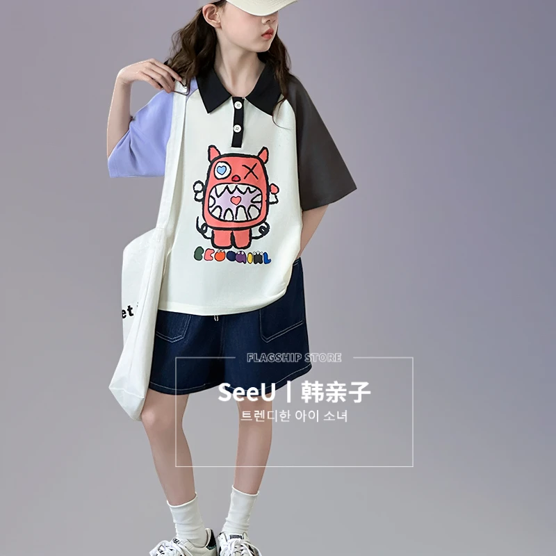 卡通POLO衫女童夏季翻领复古美式休闲宽松设计感别致短袖套装童装
