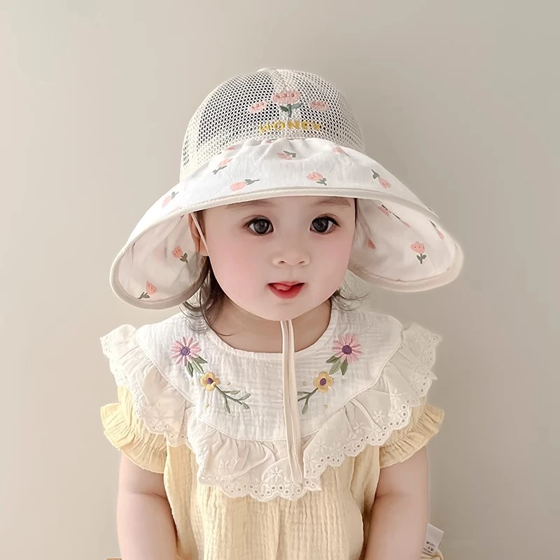 儿童帽子夏季薄款透气网眼大帽檐遮阳防晒帽女宝宝甜美花朵渔夫帽