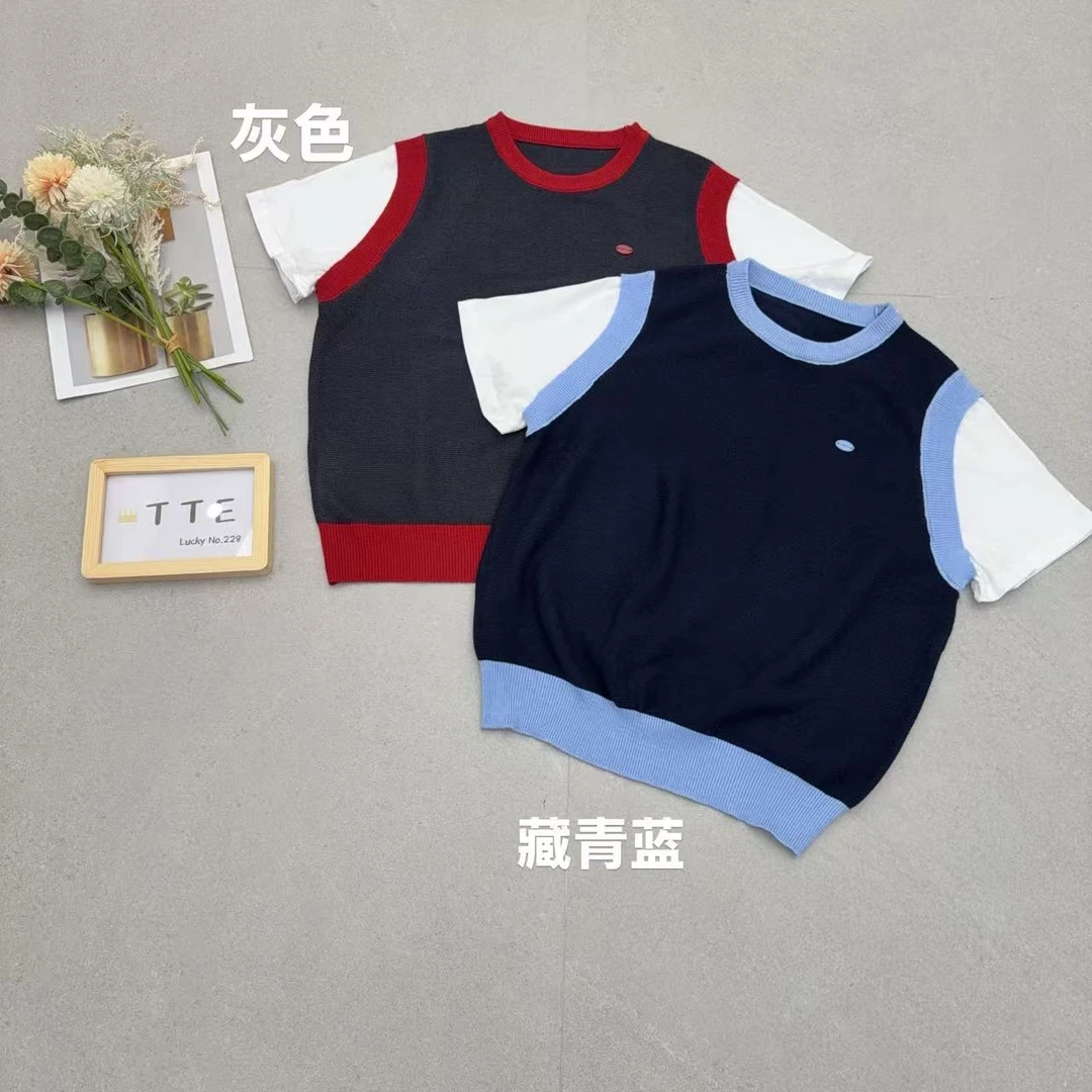 【TTE严选】2025秋装拼色假两件套针织短袖上衣（0915-01)