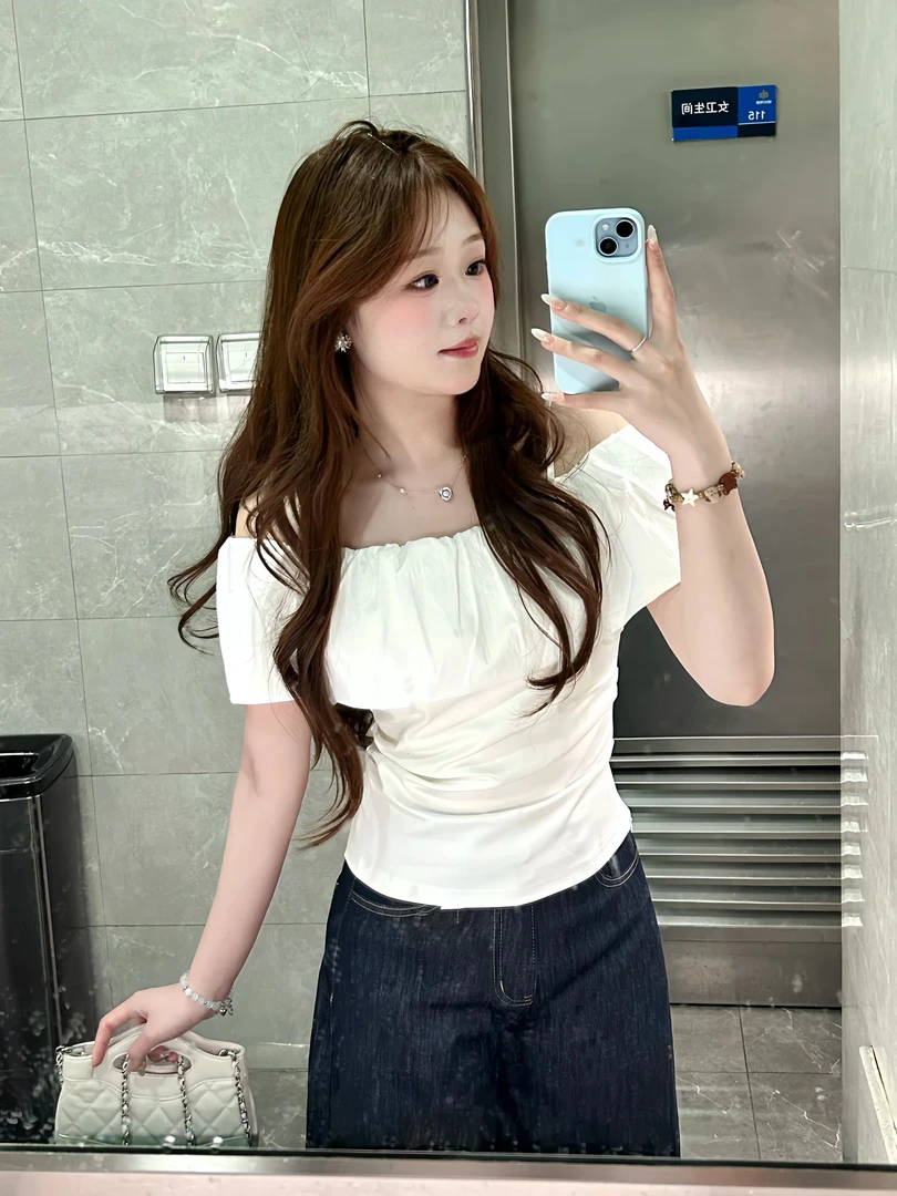 韩系一字肩露肩短袖t恤女夏季遮肉修身显瘦设计感小众超好看上衣