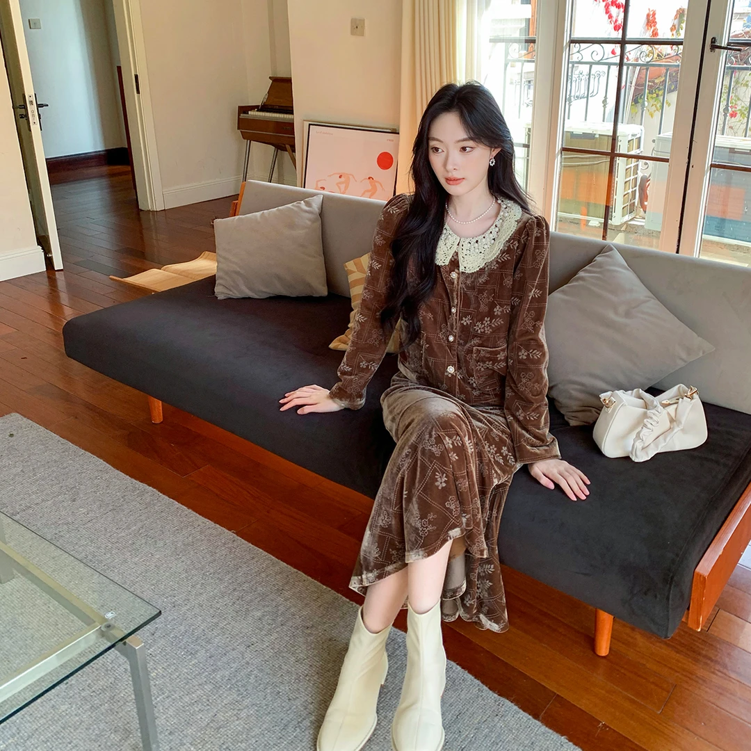 GERTCOREL2025新款秋冬季法式美拉德蕾丝拼接外套半裙高级套装女