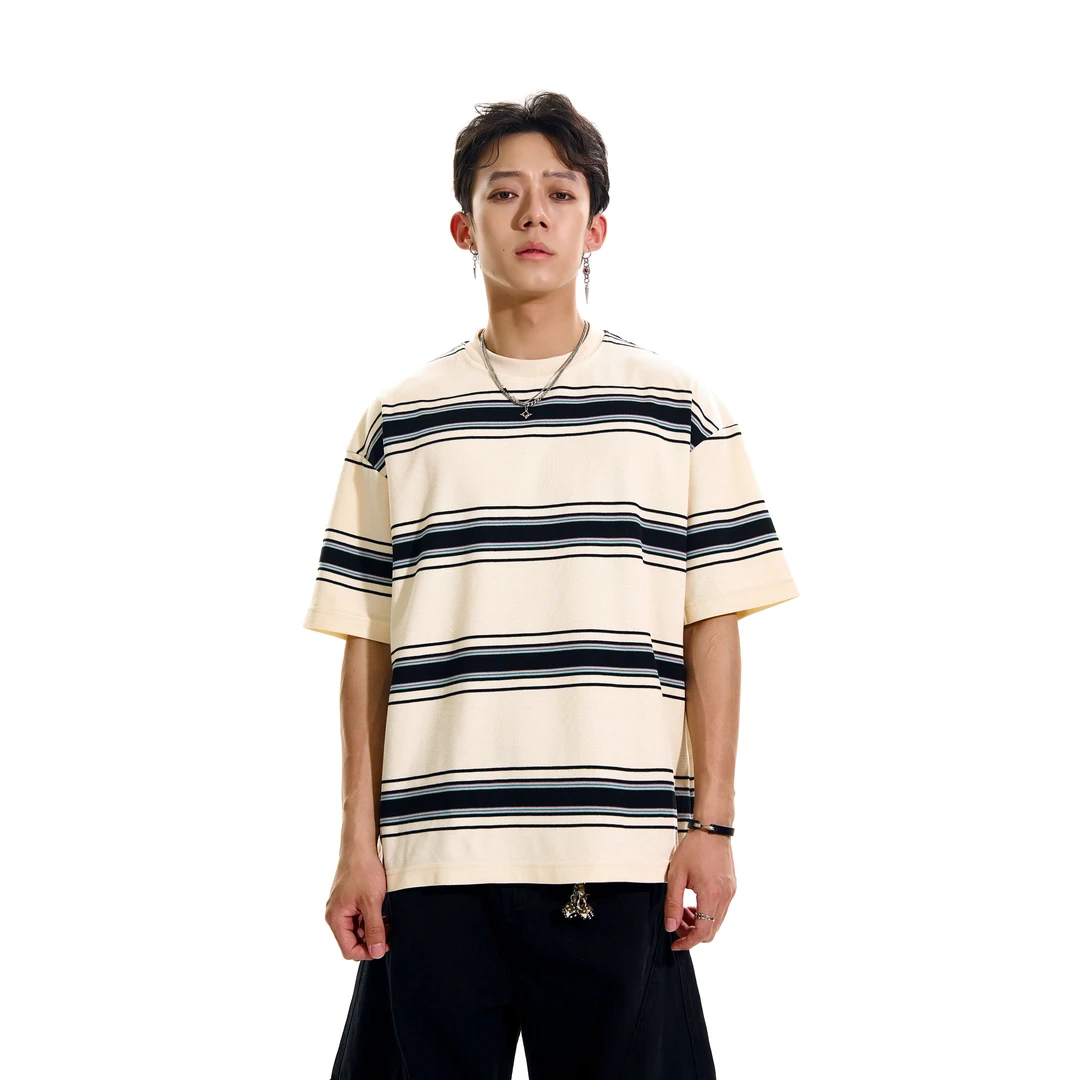 【撞色条纹】美式复古男装短袖男t恤夏季休闲服男款宽松半袖上衣T恤