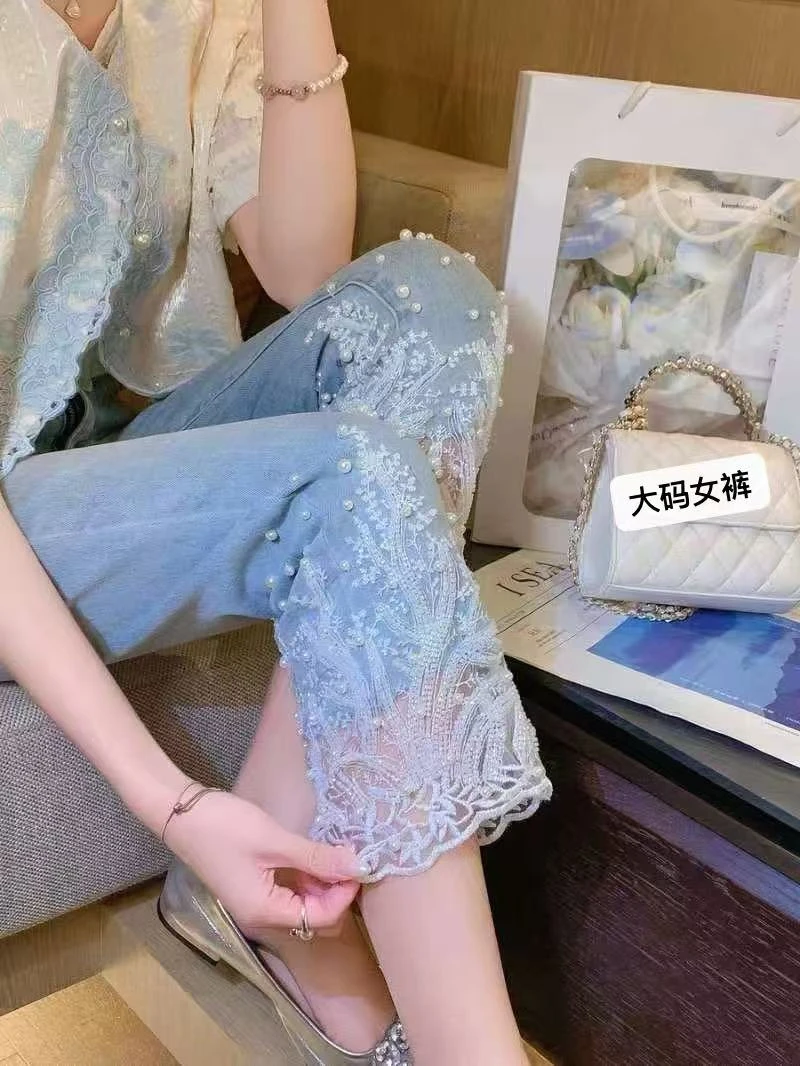 宫廷风重工钉珠牛仔裤女2025年新款高腰水洗微喇叭裤弹力长裤1870