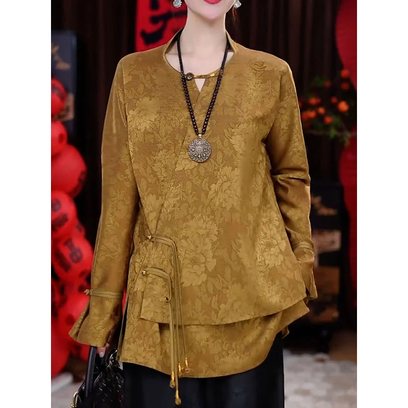 新中式文艺风提花盘扣衬衫女2025春季新款遮肚子显瘦百搭长袖衬衣