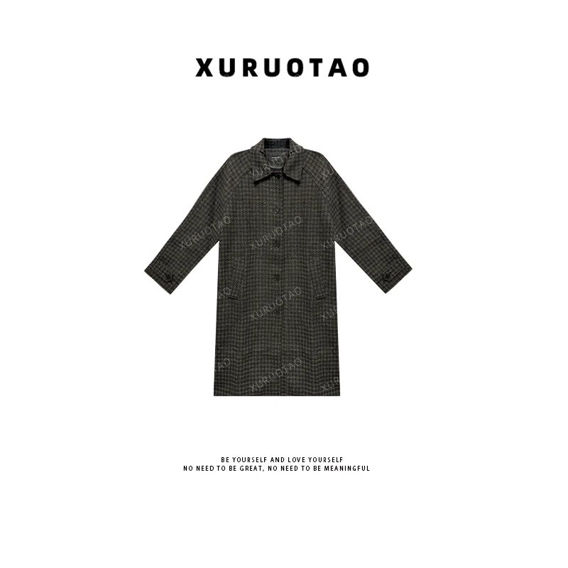 XURUOTAO【特调格调】羊毛格子设计秋冬时髦感显瘦绿色大衣 T6122