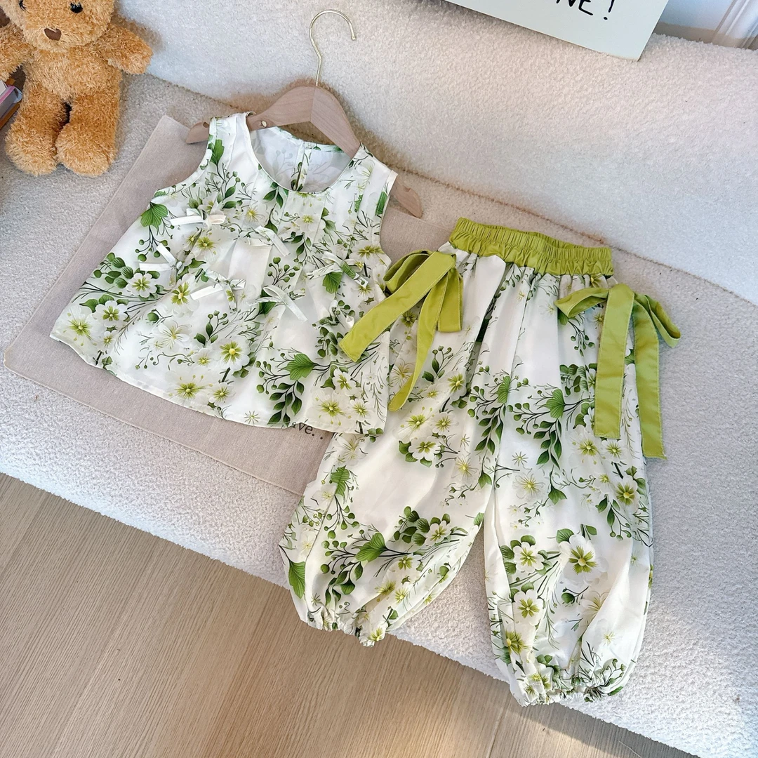 韩版2025新款夏季女童碎花无袖娃娃衫背心灯笼裤套装5X018