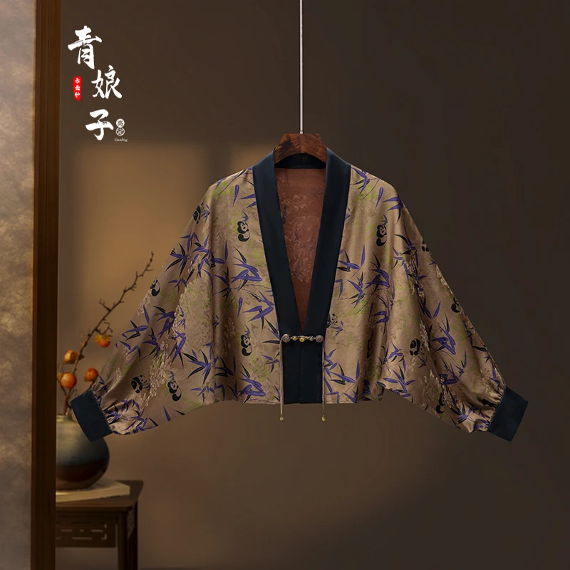 青娘子香云纱（静初）熊猫抱竹新中式国风宽松印花汉服开衫--60021