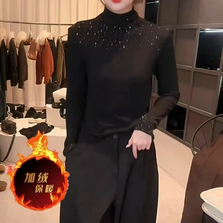 满天星烫钻半高领长袖打底衫女秋冬新款大码时尚显瘦修身时尚小衫
