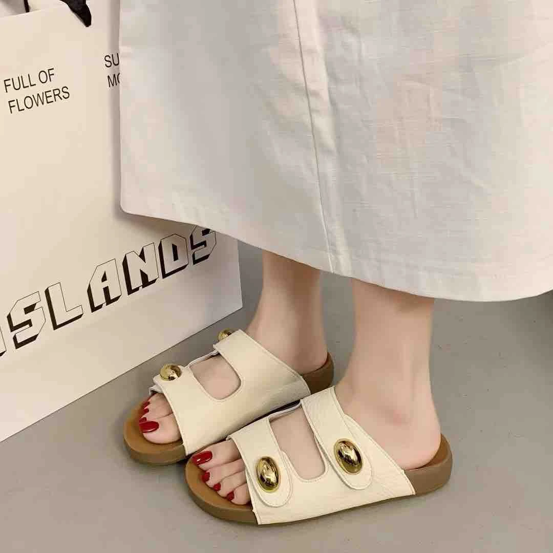 磨砂平跟夏季米色凉拖鞋3569