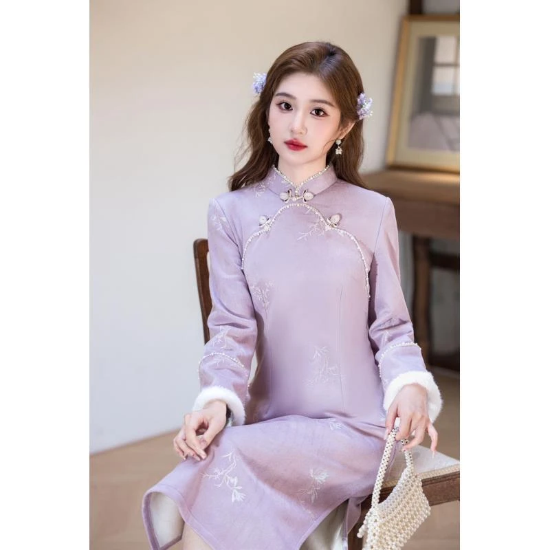 苏故里【心玉】新款加绒加厚日常改良旗袍紫色粉色甜美减龄小个子中