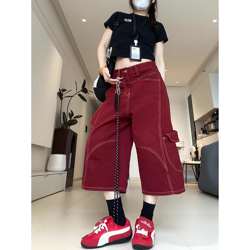 300斤大码工装七分裤弯刀牛仔裤女夏季胖mm显瘦红色宽松阔腿裤子2