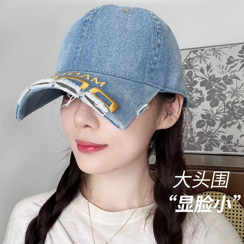 大头围短帽檐美式复古反戴刺绣破洞款男女同款帽子