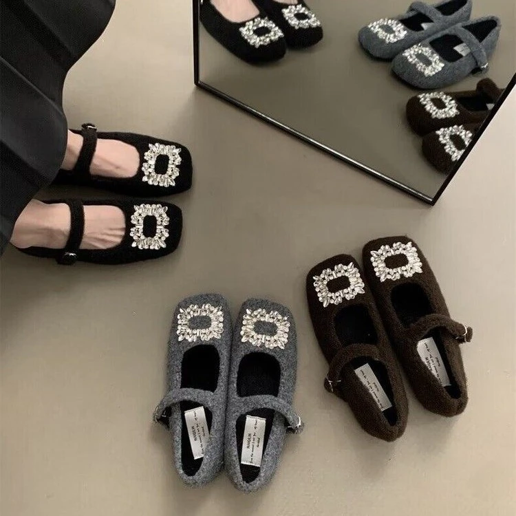 2025秋冬季新款水钻保暖方头玛丽珍鞋防滑浅口单鞋百搭圆头豆豆鞋