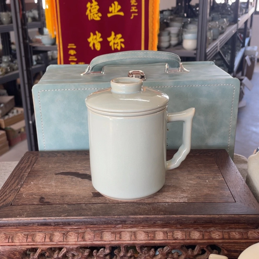 瓷片天青大义茶水分离杯礼盒装
