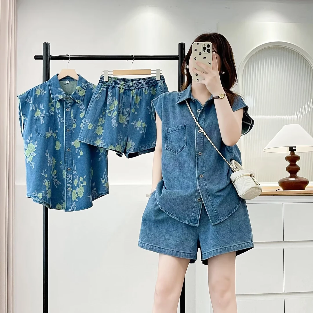 大码女装 胸112-136牛仔提花套装011#