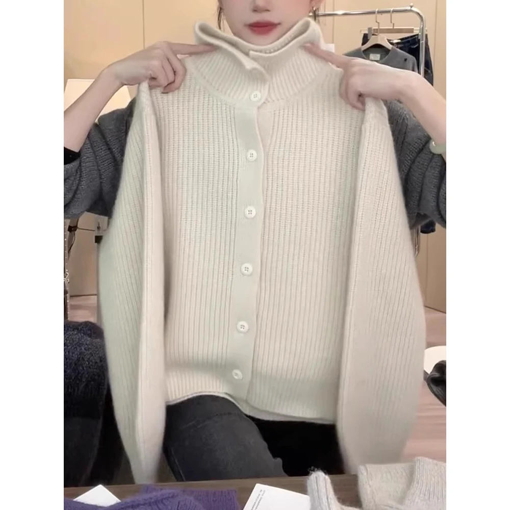 温柔系百搭奶油白坑条高领毛衣2025年早春季大码软糯慵懒针织开衫