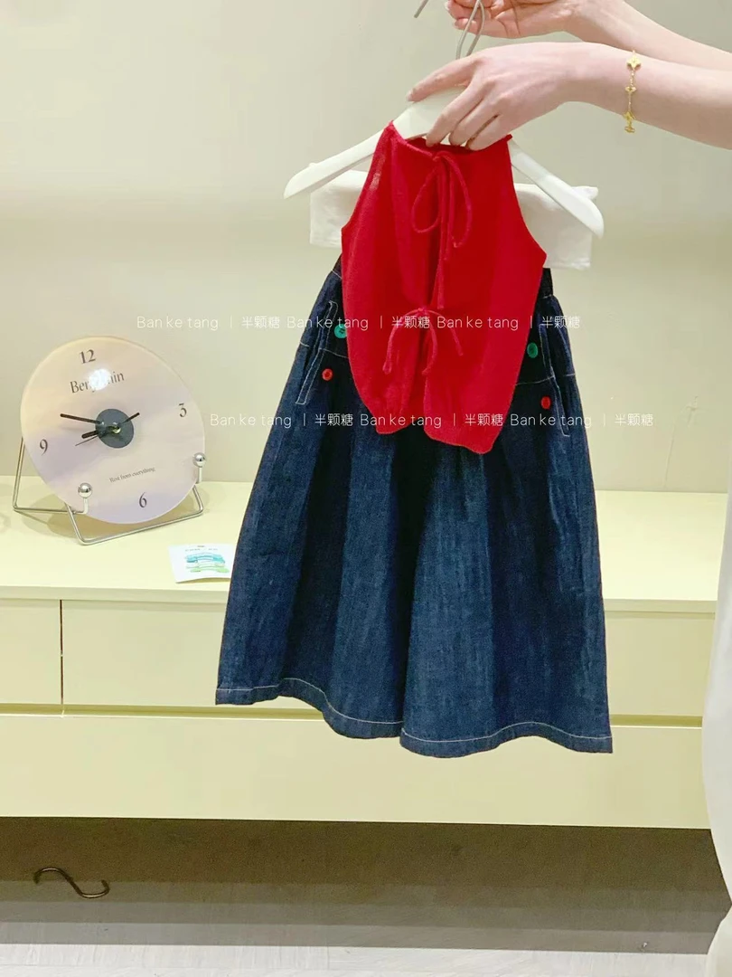 在仓  女童设计师款红色背心2025夏季新款韩版童装女童牛子阔腿裤