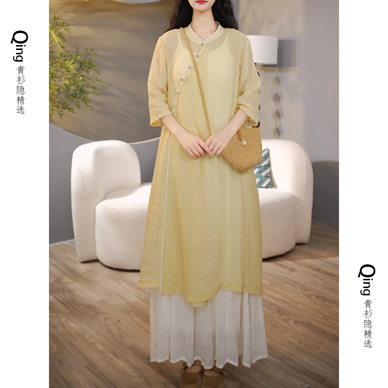 6587【素风吟】 新中式温柔风盘扣苎麻仙女裙氛围感显瘦连衣裙夏