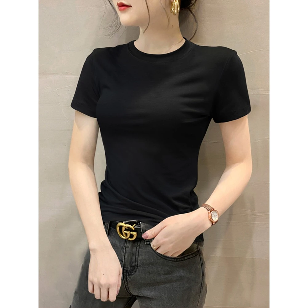 黑色小高领短袖T恤女2025夏季新款精棉修身显瘦半袖正肩体恤上衣