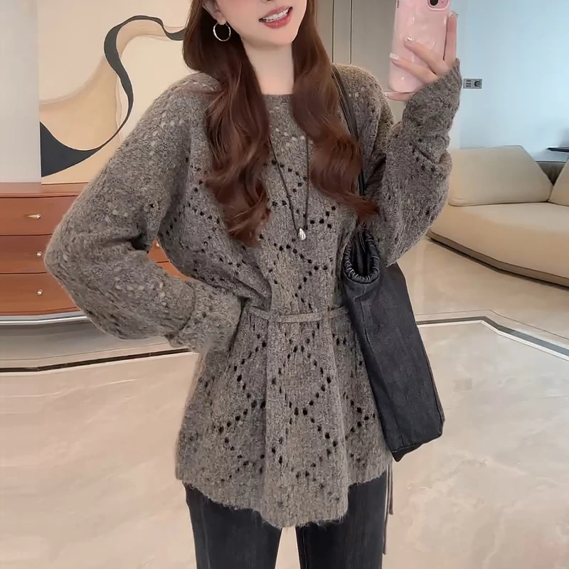 韩系气质系带收腰镂空针织衫女2025早秋季时尚宽松高级感时尚毛衣