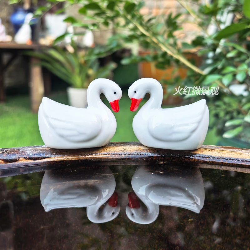 陶瓷唯美小天鹅白天鹅鸳鸯微景观小摆件假山植物盆景鱼缸造景装饰