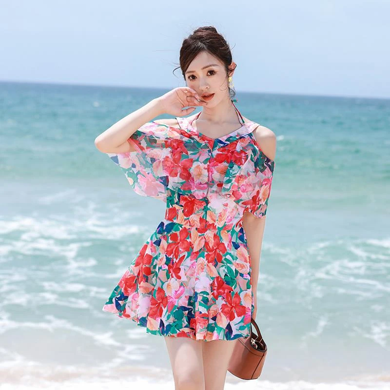 泳衣女分体平角大码显瘦保守裙式遮肚游泳衣时尚泳装温泉沙滩泳衣