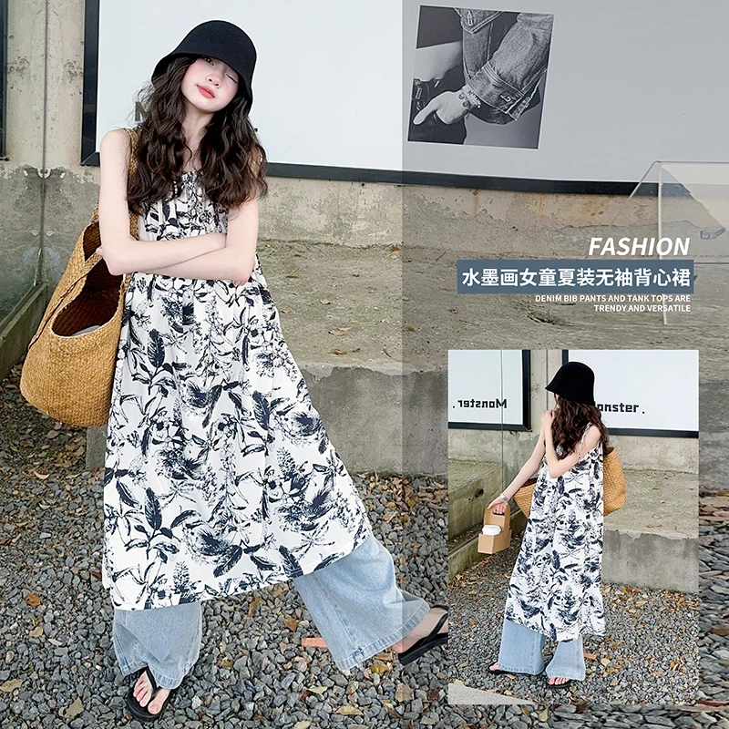 【香香妈】女童夏装碎花吊带连衣裙牛仔裤两件套时尚韩版女孩套装