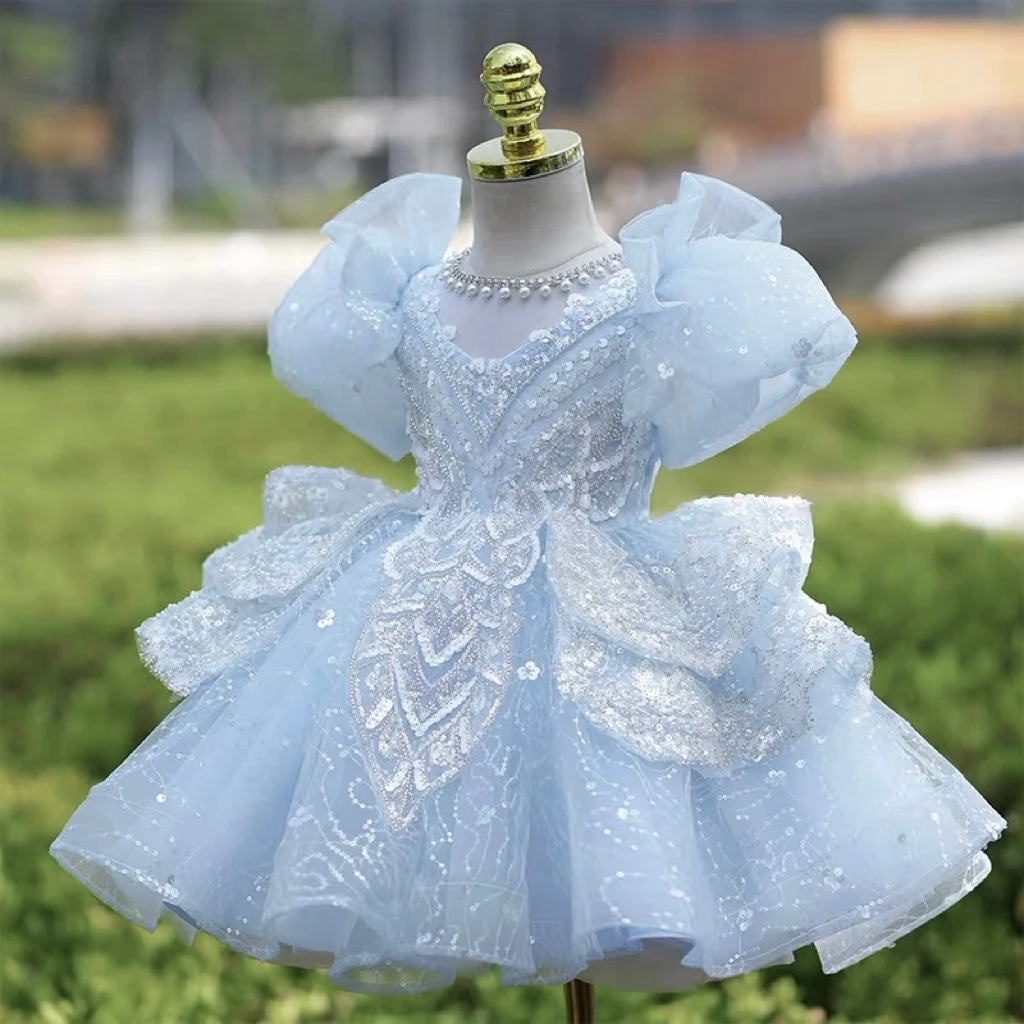 【冰雪女王短款】蓝色女童主持人晚礼服钢琴演出服儿童公主裙