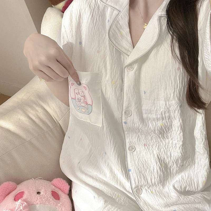 七彩泡娃娃机带胸垫睡衣女春夏季短袖卡通泡泡棉可爱三件套家居服